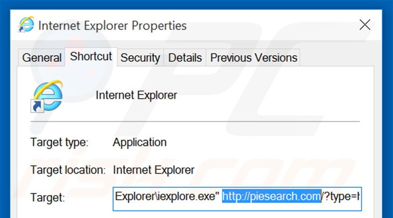 Suppression du raccourci cible de piesearch.com dans Internet Explorer étape 2