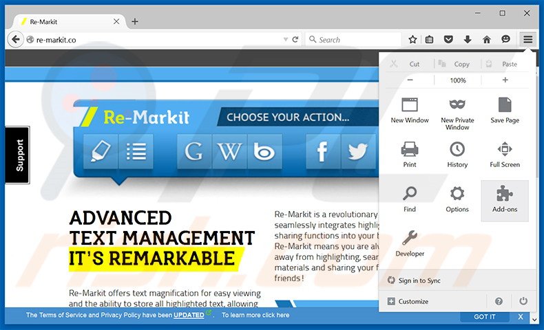 Suppression des publicités Re-Markit dans Mozilla Firefox étape 1