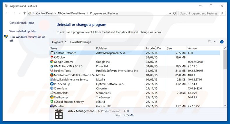 Désinstallation du logiciel de publicité Serpens via le Panneau de Configuration