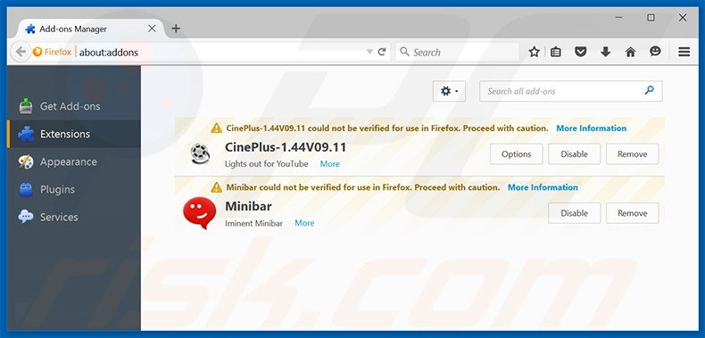 Suppression des extensions reliées à srch.bar dans Mozilla Firefox 