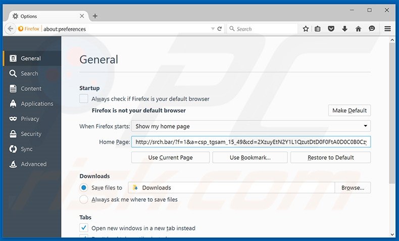 Suppression de la page d'accueil de srch.bar dans Mozilla Firefox