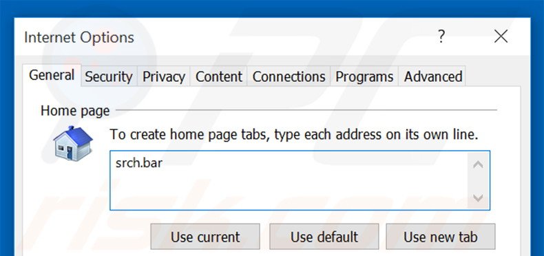 Suppression de la page d'accueil de srch.bar dans Internet Explorer