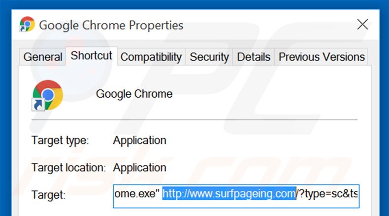 Suppression du raccourci cible de surfpageing.com dans Google Chrome étape 2