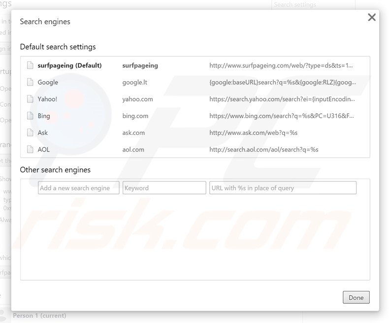 Suppression du moteur de recherche par défaut de surfpageing.com dans Google Chrome
