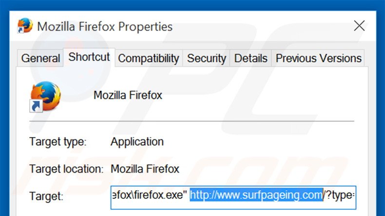Suppression du raccourci cible de surfpageing.com dans Mozilla Firefox étape 2