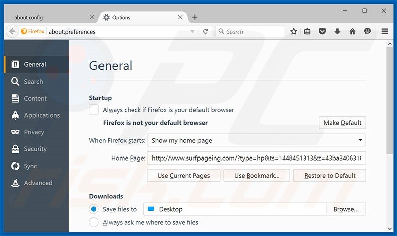 Suppression de la page d'accueil de surfpageing.com dans Mozilla Firefox