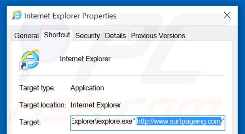 Suppression du raccourci cible de surfpageing.com dans Internet Explorer étape 2