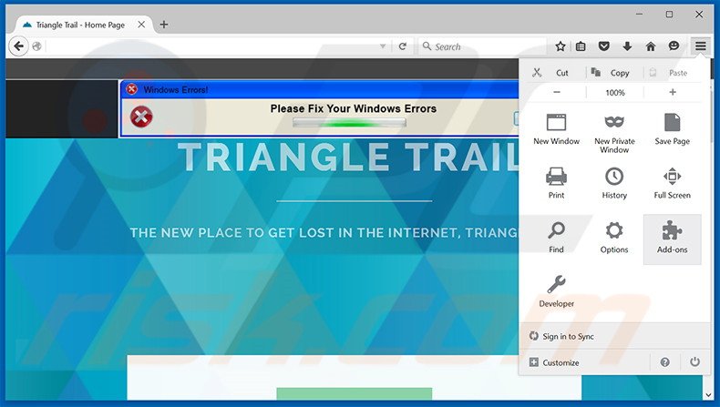 Suppression des publicités Triangle Trail dans Mozilla Firefox étape 1