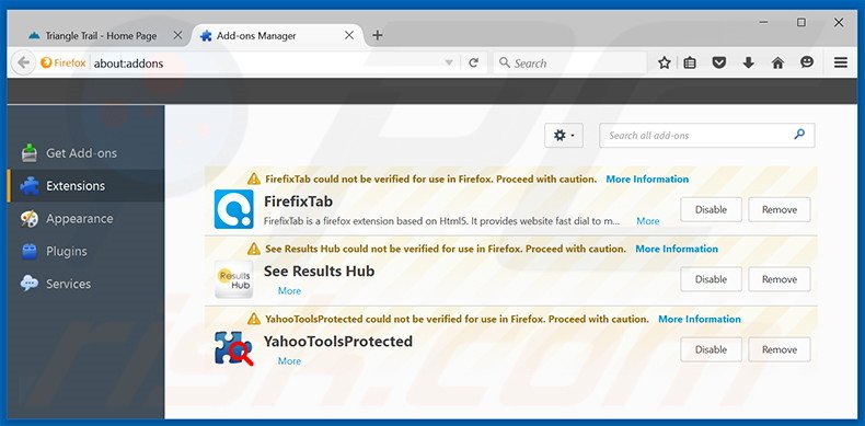 Suppression des publicités Triangle Trail dans Mozilla Firefox étape 2