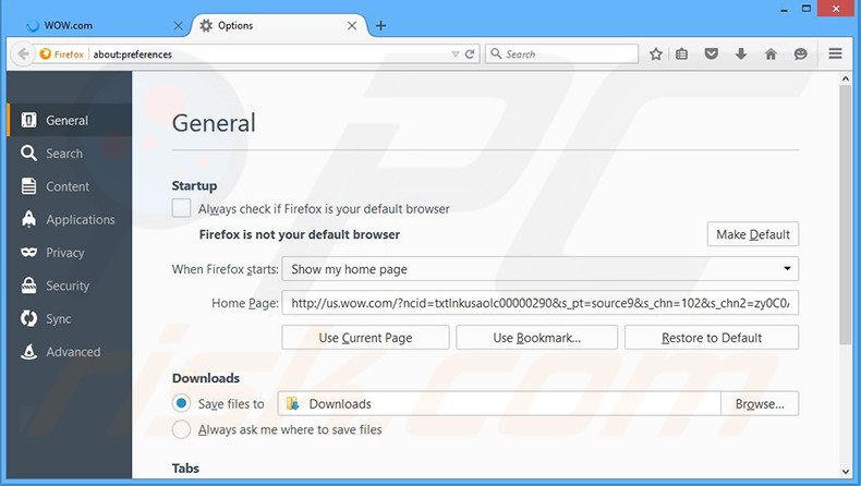 Suppression de la page d'accueil de wow.com dans Mozilla Firefox 