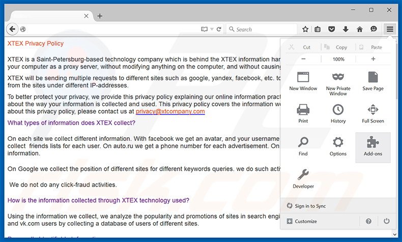 Suppression des publicités XTEX dans Mozilla Firefox étape 1
