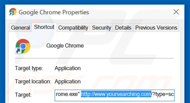 Suppression du raccourci cible de yoursearching.com dans Google Chrome étape 2