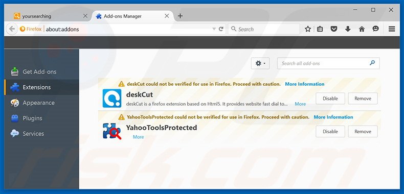 Suppression des extensions reliées à yoursearching.com dans Mozilla Firefox 