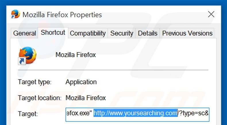 Suppression du raccourci cible de yoursearching.com dans Mozilla Firefox étape 2
