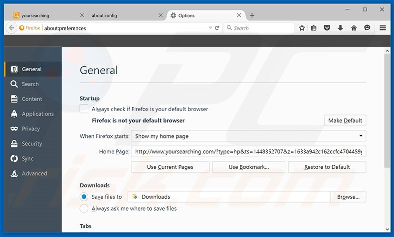 Suppression de la page d'accueil de yoursearching.com dans Mozilla Firefox 