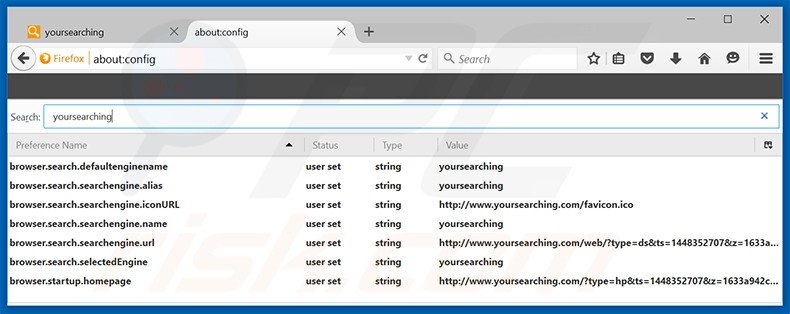 Suppression du moteur de recherche par défaut de yoursearching.com dans Mozilla Firefox 