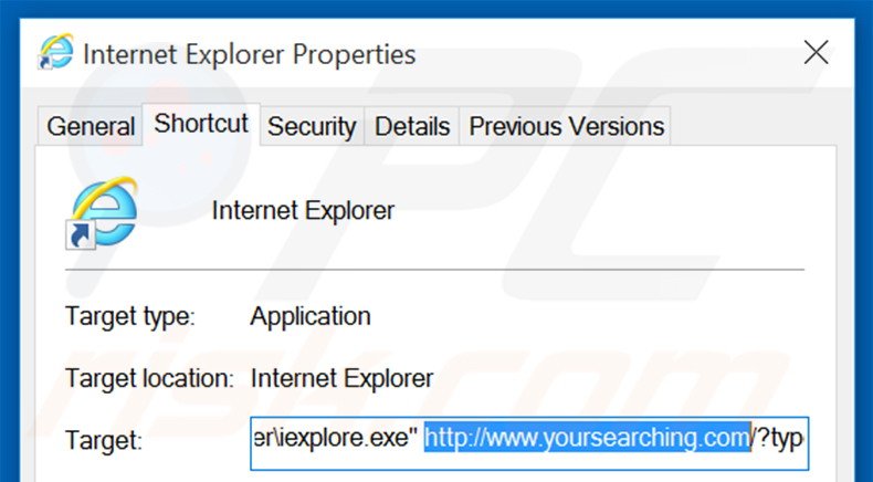 Suppression du raccourci cible de yoursearching.com dans Internet Explorer étape 2