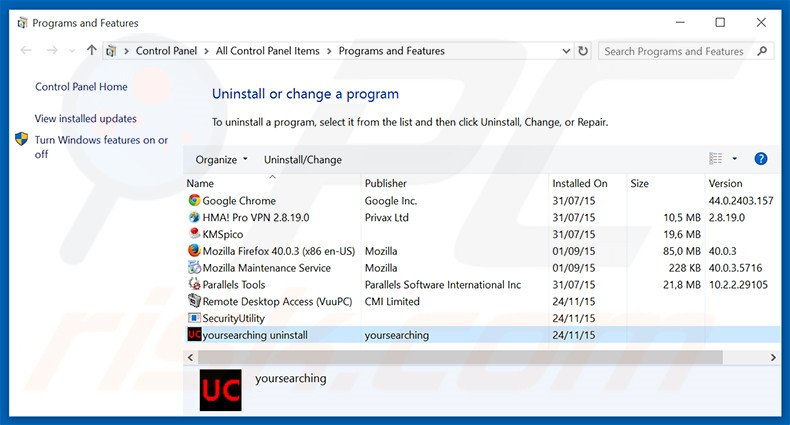 Désinstallation du pirate de navigateur yoursearching.com via le Panneau de Configuration
