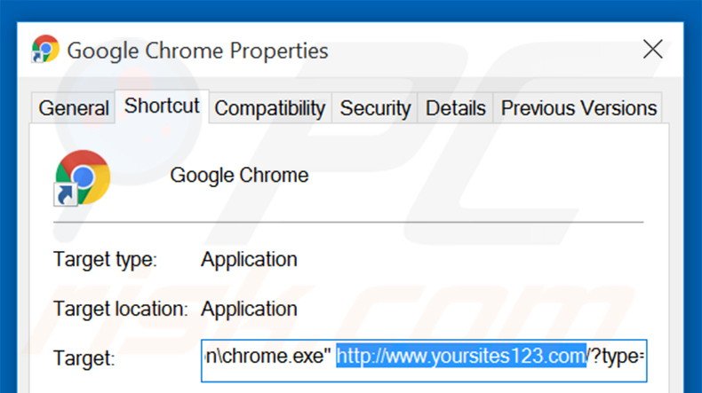 Suppression du raccourci cible de yoursites123.com dans Google Chrome étape 2