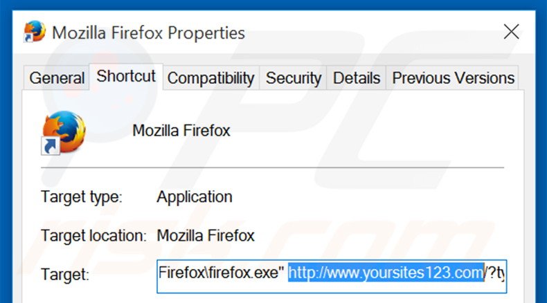 Suppression du raccourci cible de yoursites123.com dans Mozilla Firefox étape 2