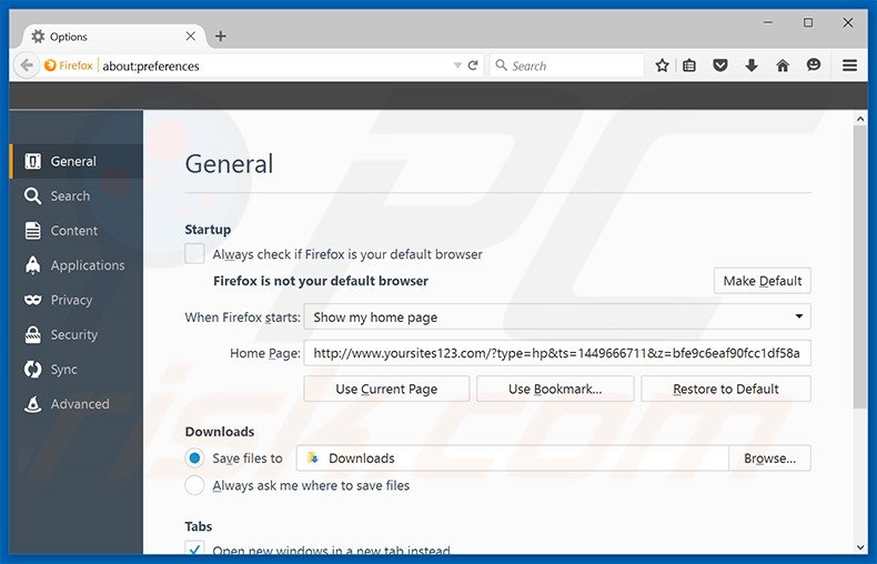 Suppression de la page d'accueil de yoursites123.com dans Mozilla Firefox 