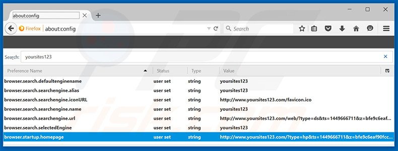 Suppression du moteur de recherche par défaut de yoursites123.com dans Mozilla Firefox 