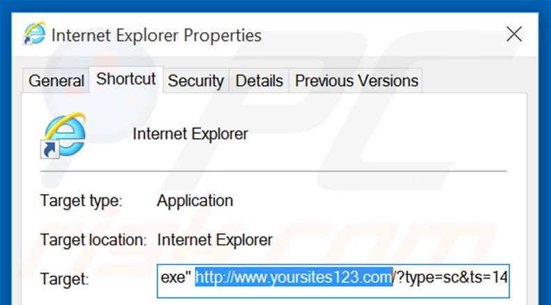 Suppression du raccourci cible de yoursites123.com dans Internet Explorer étape 2
