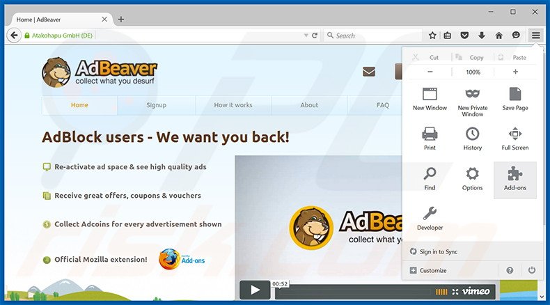 Suppression des publicités AdBeaver dans Mozilla Firefox étape 1