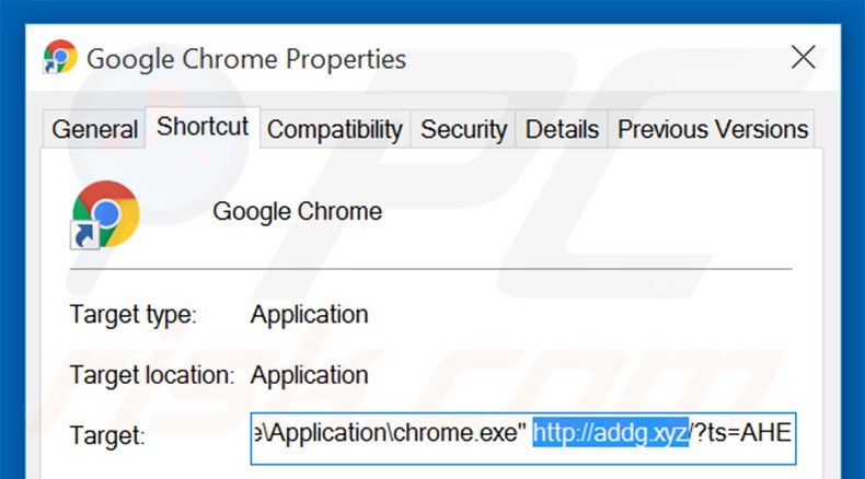 Suppression du raccourci cible d'addg.xyz dans Google Chrome étape 2