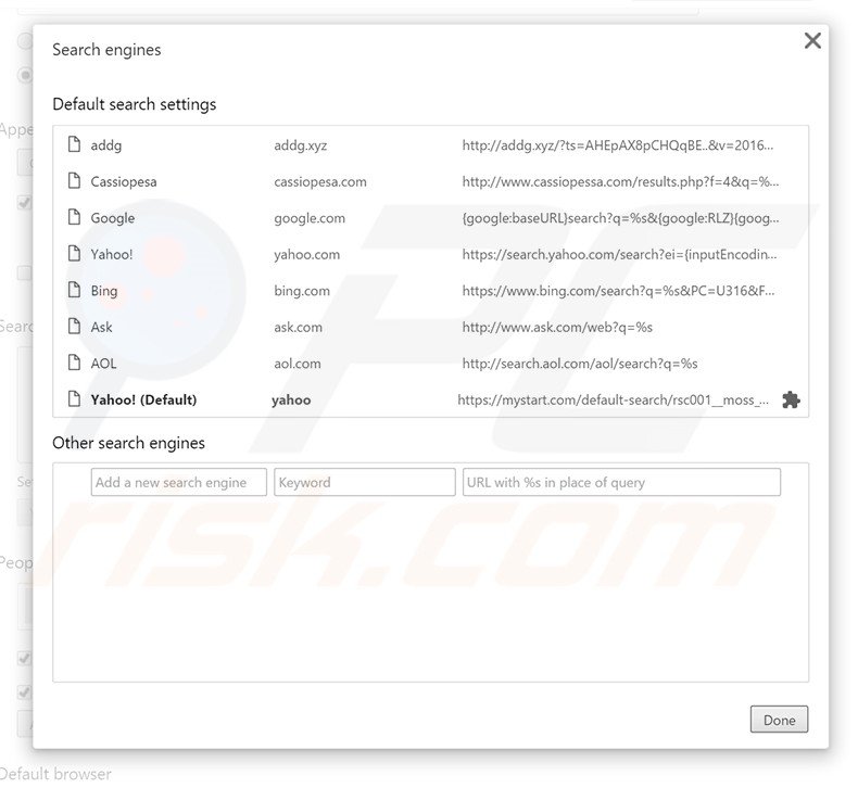 Suppression du moteur de recherche par défaut d'addg.xyz dans Google Chrome 