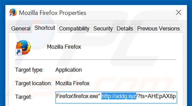 Suppression du raccourci cible d'addg.xyz dans Mozilla Firefox étape 2