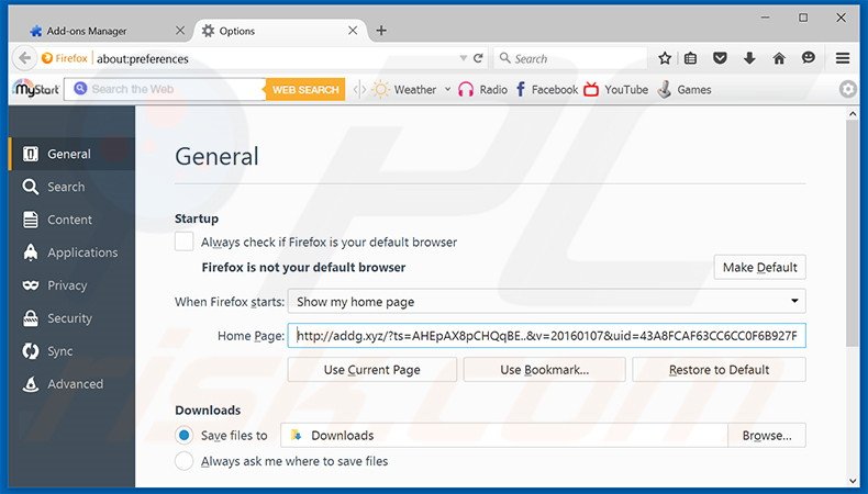 Suppression de la page d'accueil d'addg.xyz dans Mozilla Firefox