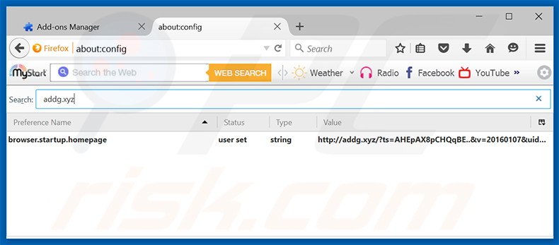 Suppression du moteur de recherche par défaut d'addg.xyz dans Mozilla Firefox 