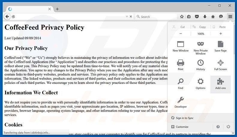 Suppression des publicités CoffeeFeed dans Mozilla Firefox étape 1