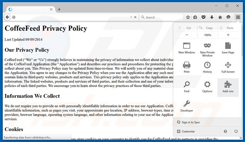 Suppression des publicités CoffeeFeed dans Mozilla Firefox étape 1