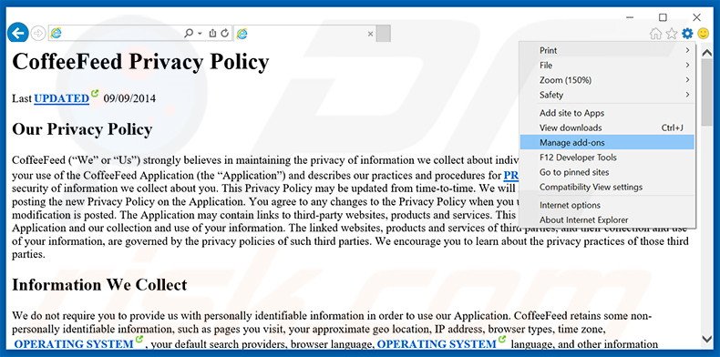 Suppression des publicités CoffeeFeed dans Internet Explorer étape 1