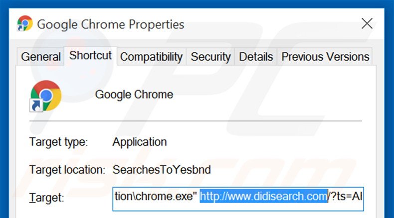 Suppression du raccourci cible de didisearch.com dans Google Chrome étape 2