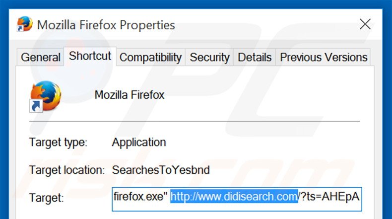 Suppression du raccourci cible de didisearch.com dans Mozilla Firefox étape 2