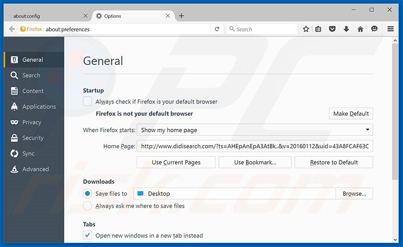 Suppression de la page d'accueil de didisearch.com dans Mozilla Firefox