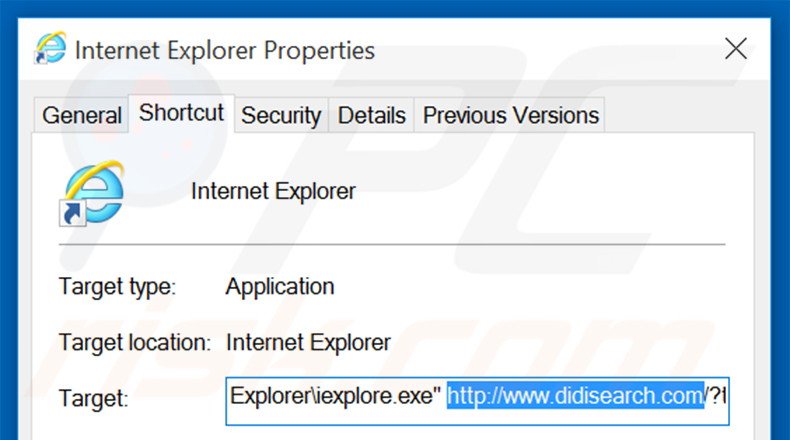 Suppression du raccourci cible de didisearch.com dans Internet Explorer étape 2