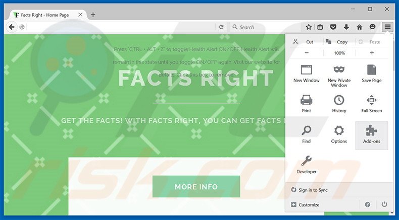 Suppression des publicités Facts Right dans Mozilla Firefox étape 1