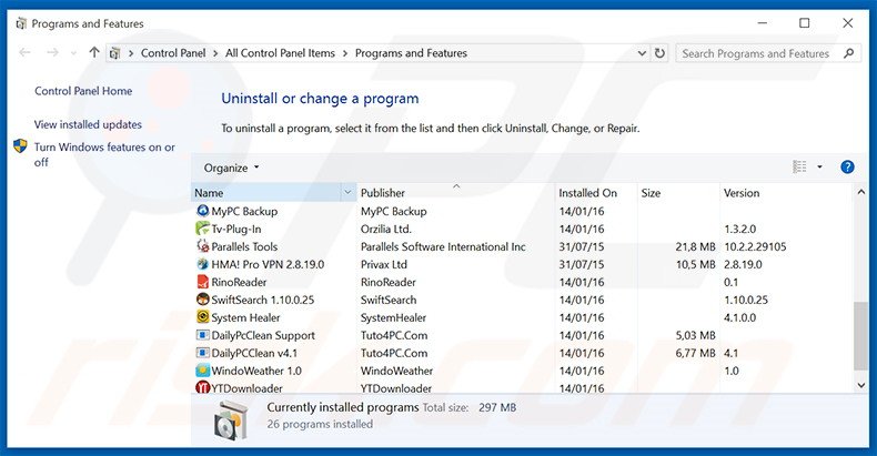 Désinstallation du logiciel de publicité mgid via le Panneau de Configuration