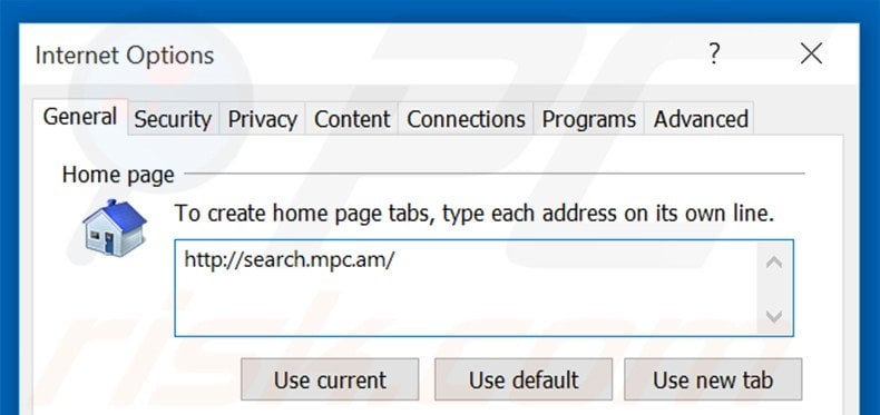 Suppression de la page d'accueil de search.mpc.an dans Internet Explorer 