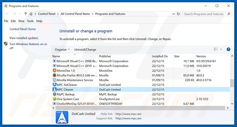 Désinstallation du logiciel de publicité MPC Cleaner via le Panneau de Configuration