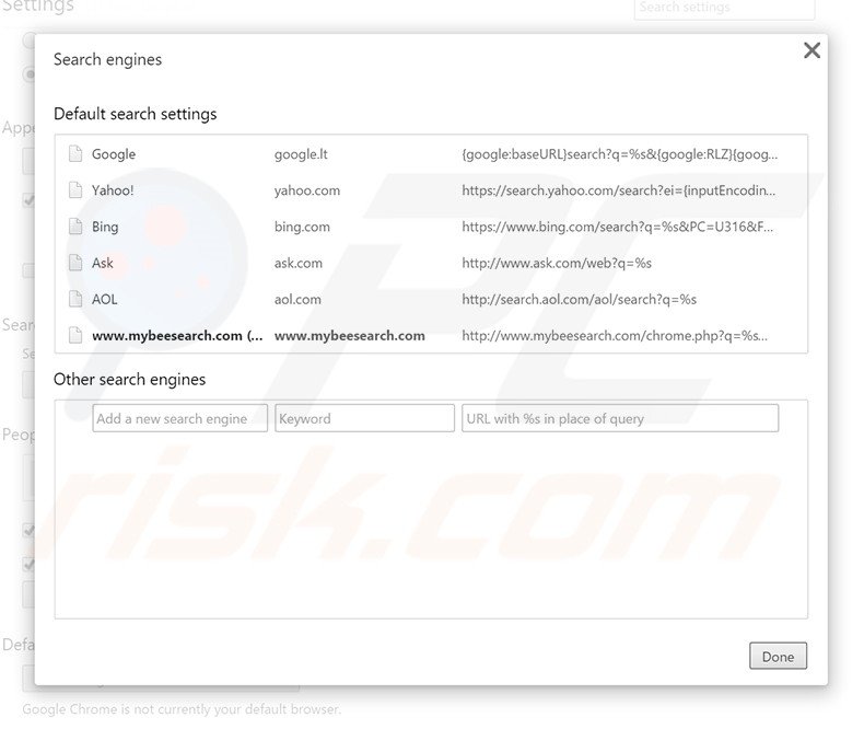 Suppression du moteur de recherche par défaut de mybeesearch.com dans Google Chrome 
