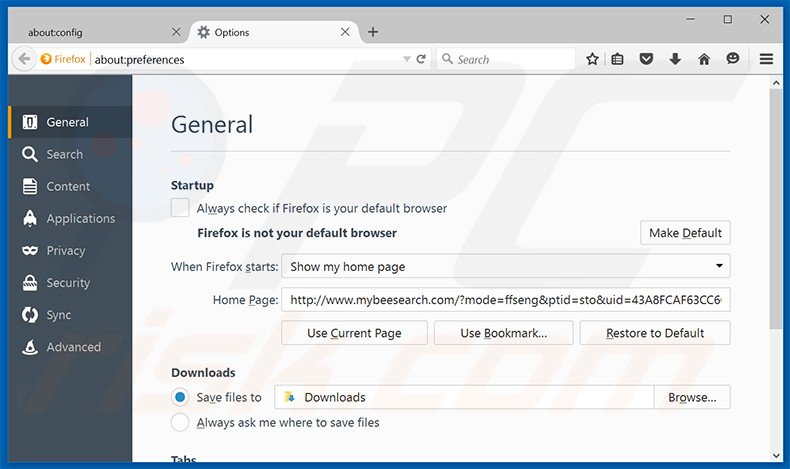 Suppression de la page d'accueil de mybeesearch.com dans Mozilla Firefox 
