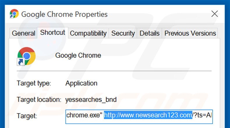 Suppression du raccourci cible de newsearch123.com dans Google Chrome étape 2