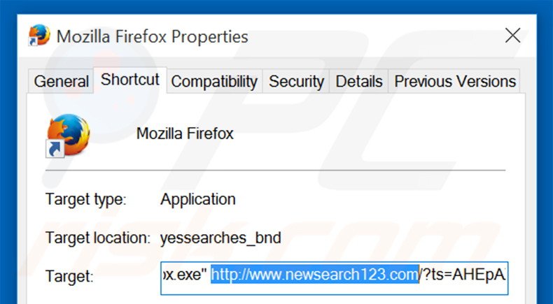 Suppression du raccourci cible de newsearch123.com dans Mozilla Firefox étape 2