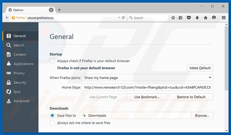 Suppression de la page d'accueil de newsearch123.com dans Mozilla Firefox 