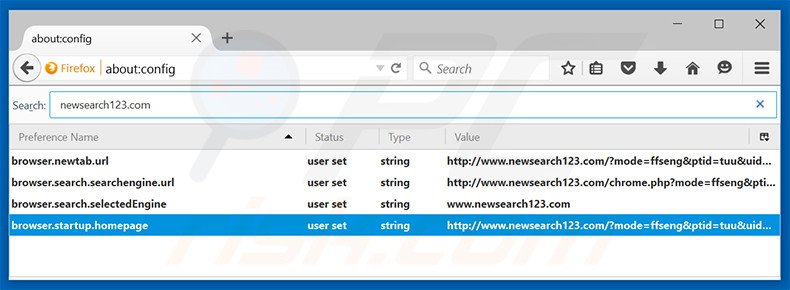Suppression du moteur de recherche par défaut de newsearch123.com dans Mozilla Firefox 